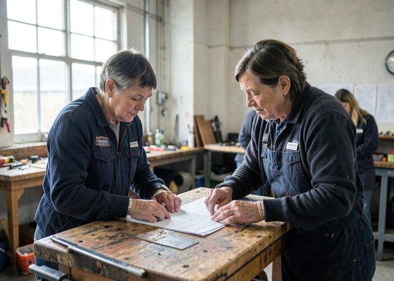 Two New Zealand business owners reviewing paperwork in a workshop