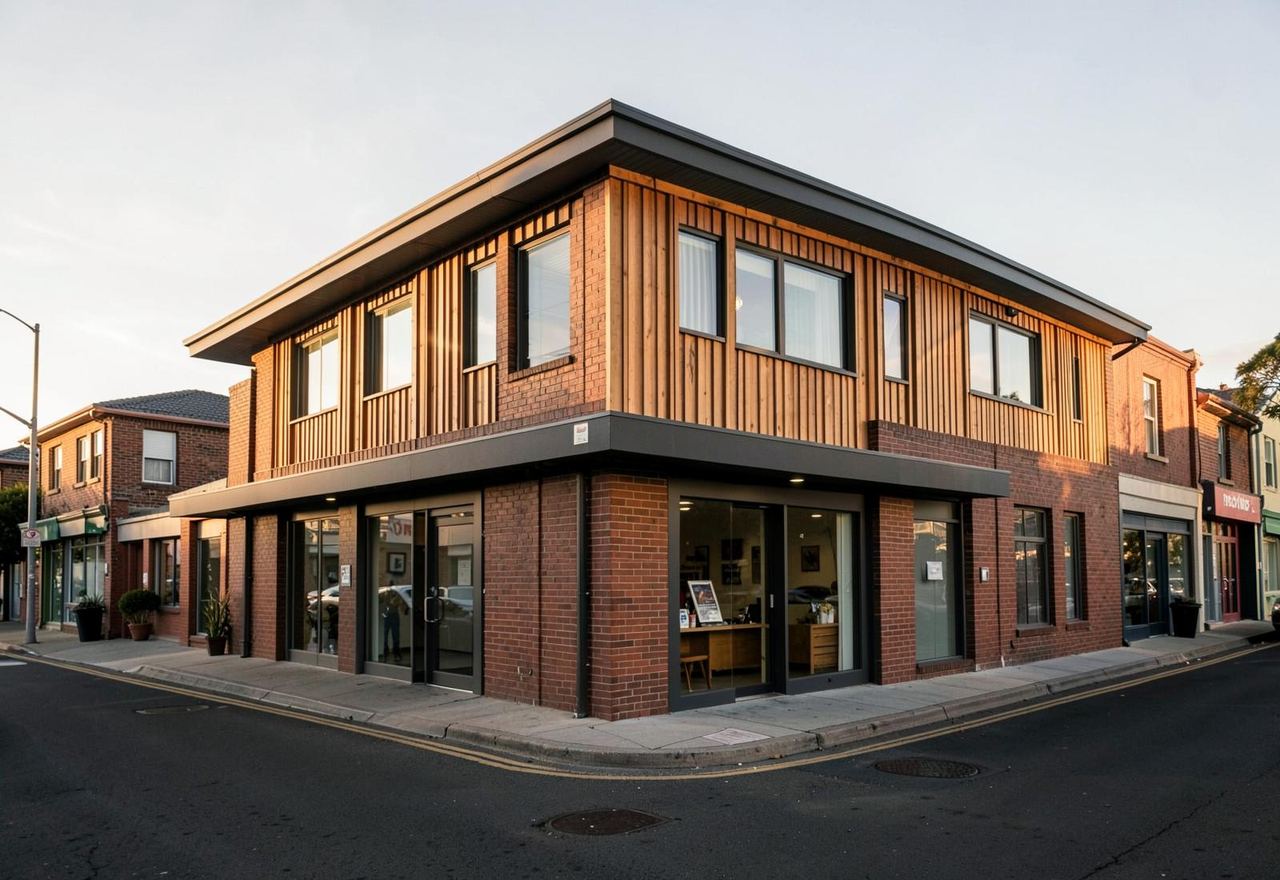 A modern low-rise commercial building in a New Zealand town centre
